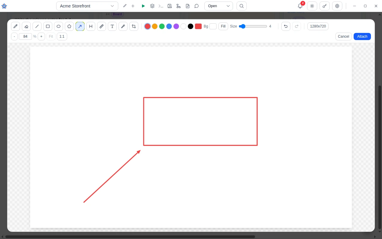 The drawing editor with its tool bar along the top and a red box and arrow drawn on a blank canvas.
