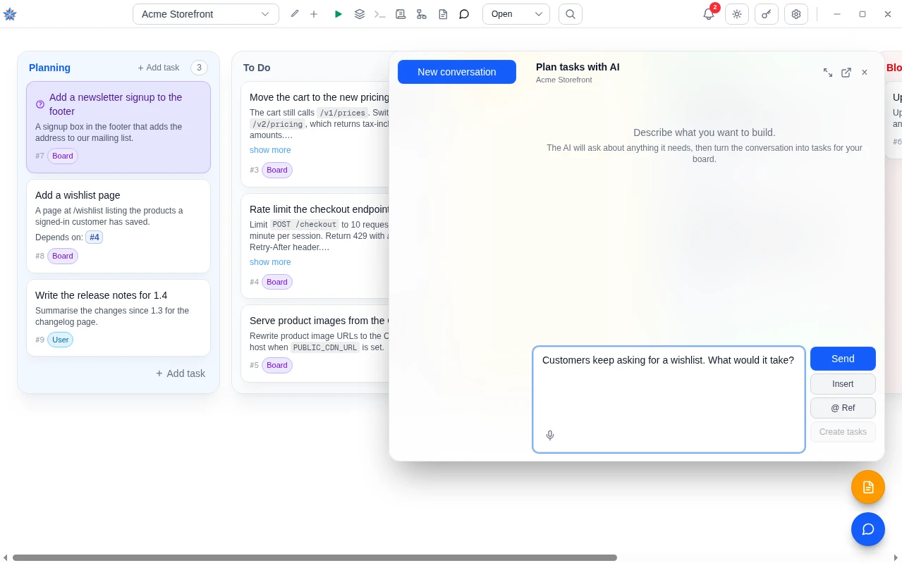 The Plan tasks with AI panel open over the board, with a message typed in the composer beside Send, Insert, @ Ref and Create tasks.