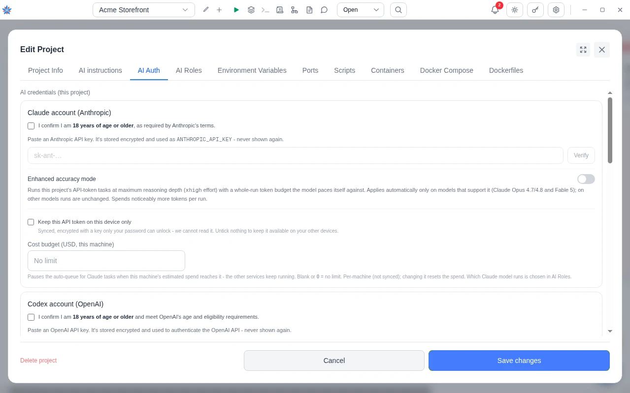 The project's AI Auth tab showing the Claude account card: the 18+ confirmation, the API key field with Verify, and the cost budget.