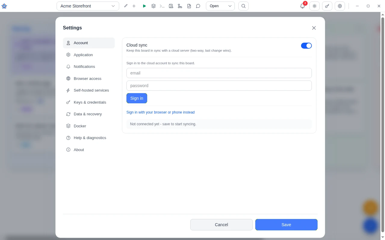 Settings, Account, with Cloud sync switched on and the email and password fields, Sign in, and Sign in with your browser or phone instead.