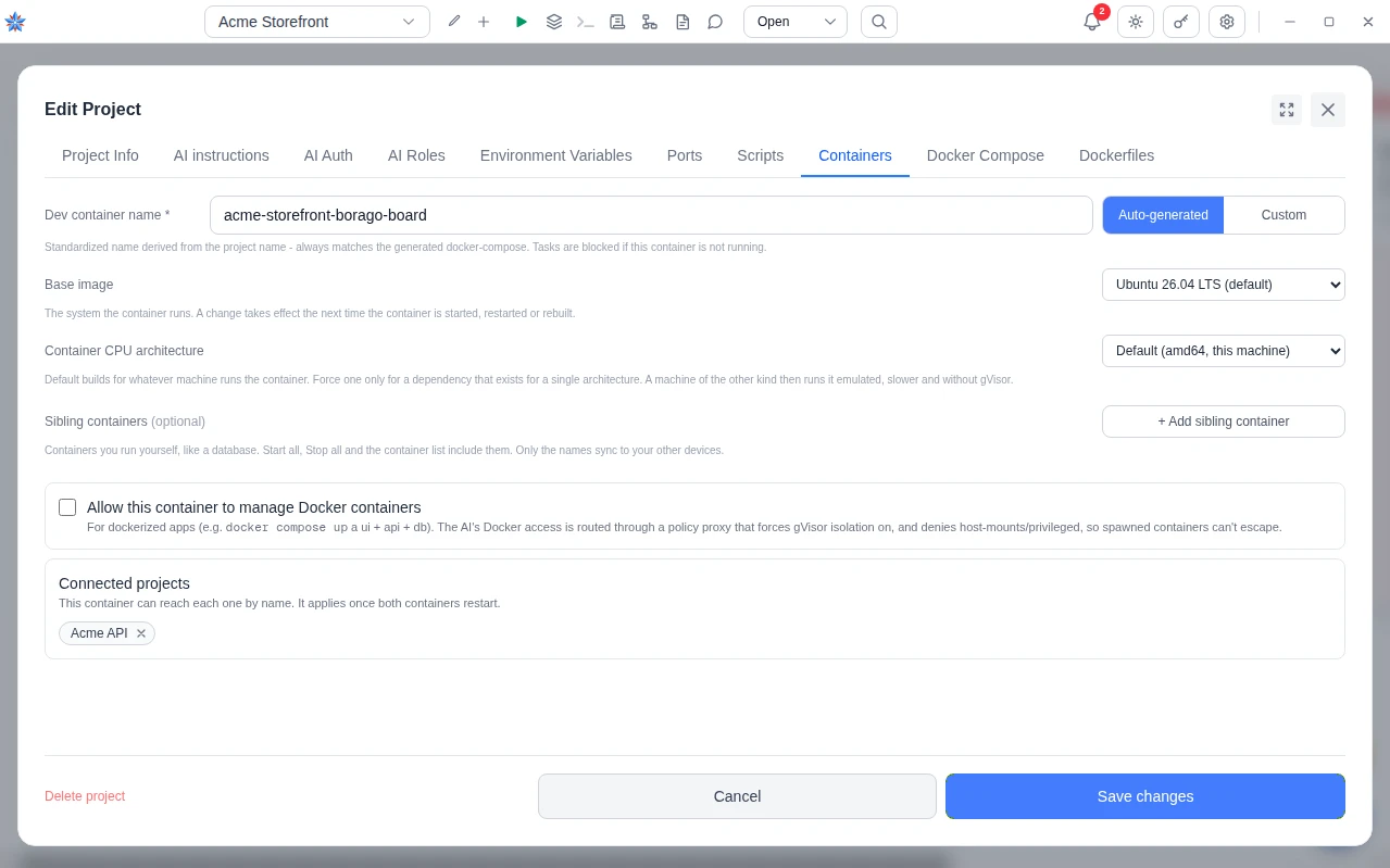 The Containers tab with Acme API added under Connected projects as a chip.