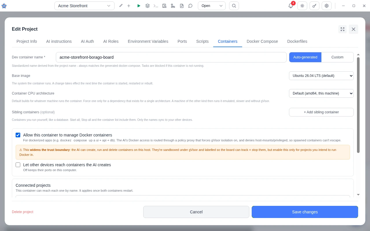 The Containers tab with Allow this container to manage Docker containers ticked and its warning about the trust boundary.