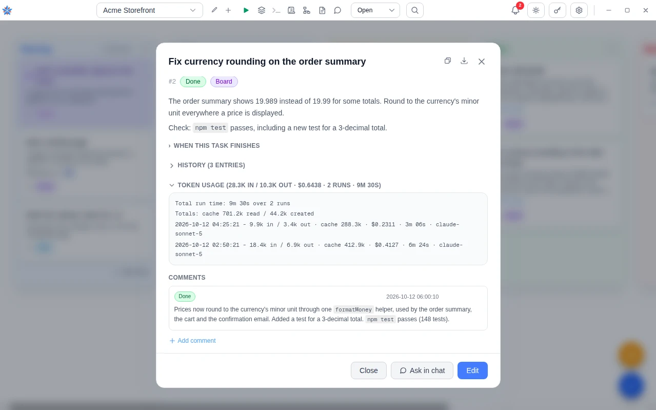 A finished task with Token usage unfolded: total run time, cache totals and one line per run with tokens, cost, duration and the model that served it.