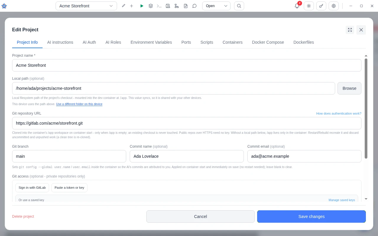 The Edit Project dialog on its Project Info tab, with the project name, local path, git URL, branch and commit identity filled in.