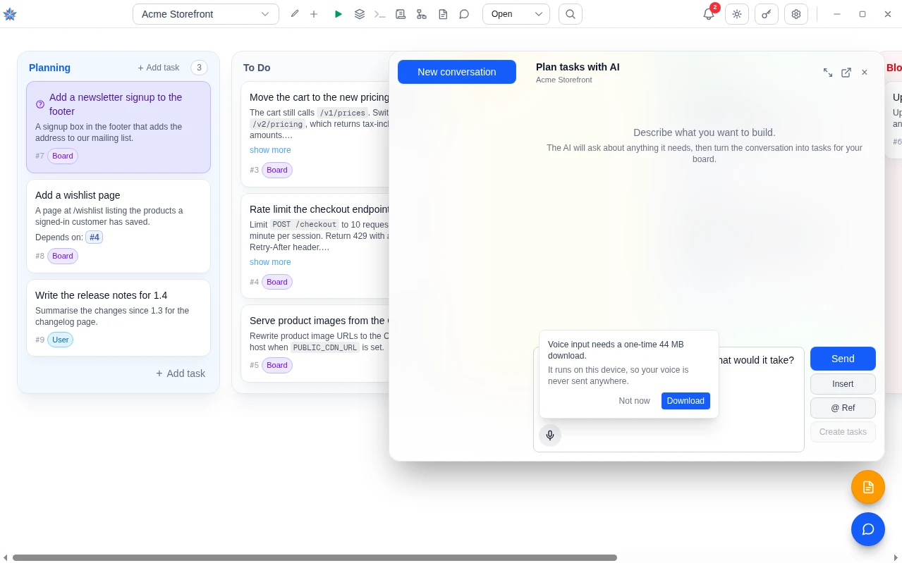 The chat composer after the first press of the microphone: a panel saying voice input needs a one-time 44 MB download, with Not now and Download.
