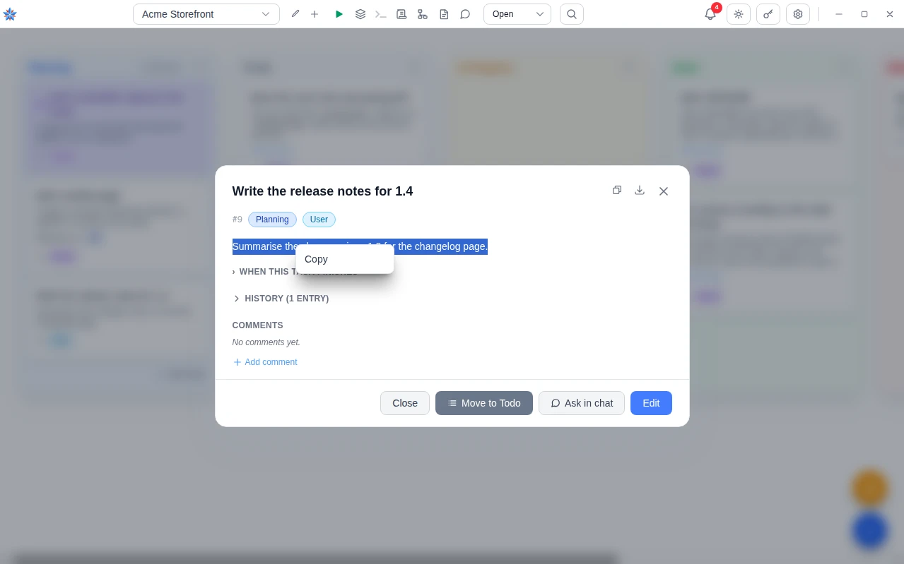 A task open with its description selected and the right-click menu showing Copy.