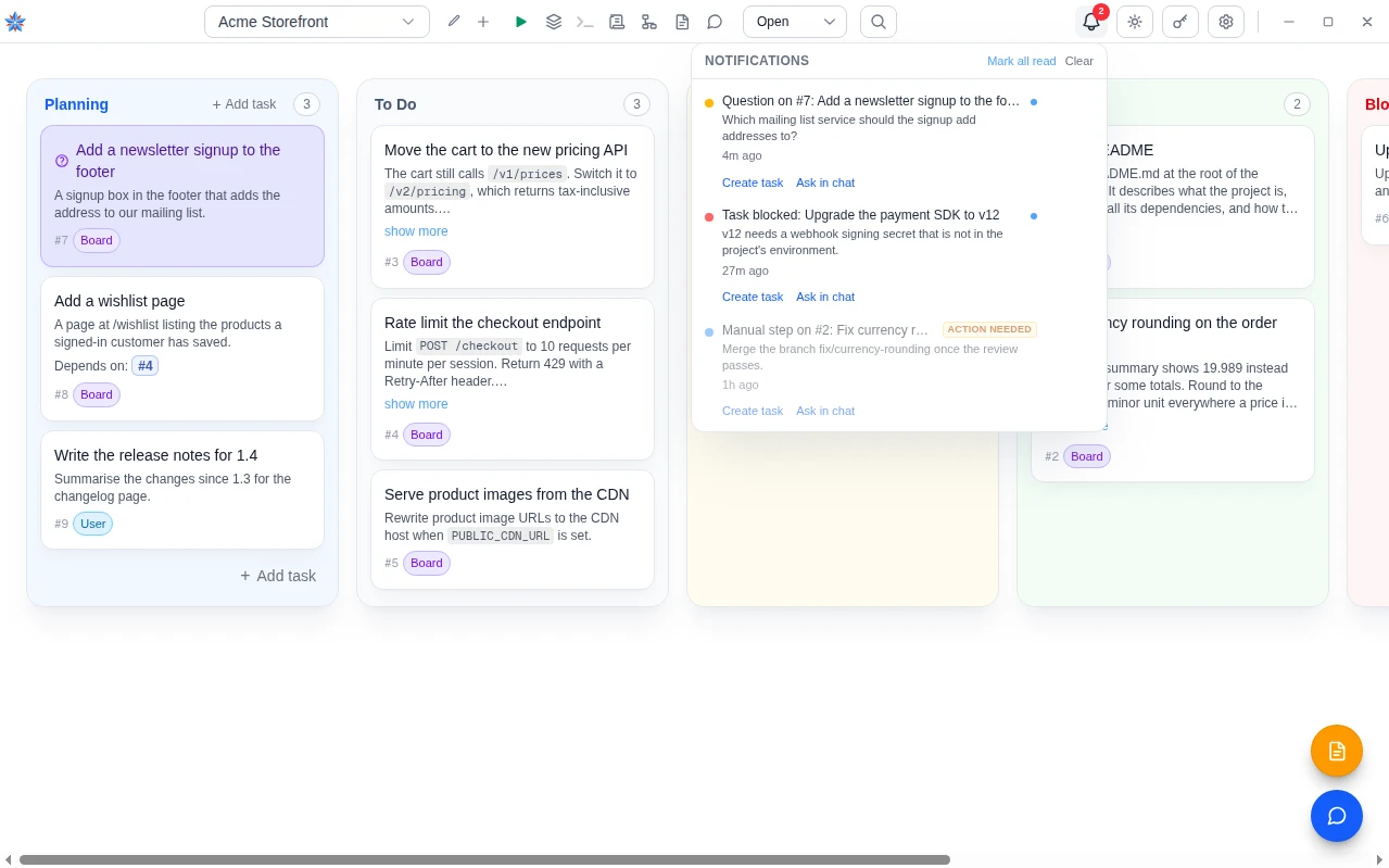 The notifications panel open under the bell, listing a question, a blocked task and a read manual-step notice, each with Create task and Ask in chat.