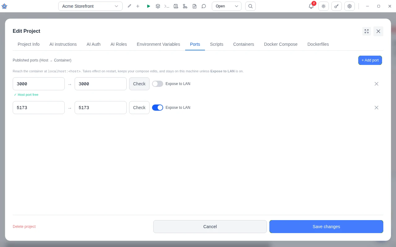 The Ports tab with two mappings. The first has been checked and reads Host port free. The second has Expose to LAN switched on.
