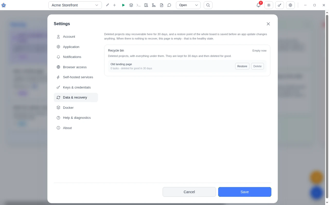 Settings, Data & recovery, with a deleted project in the Recycle bin and its Restore and Delete buttons.