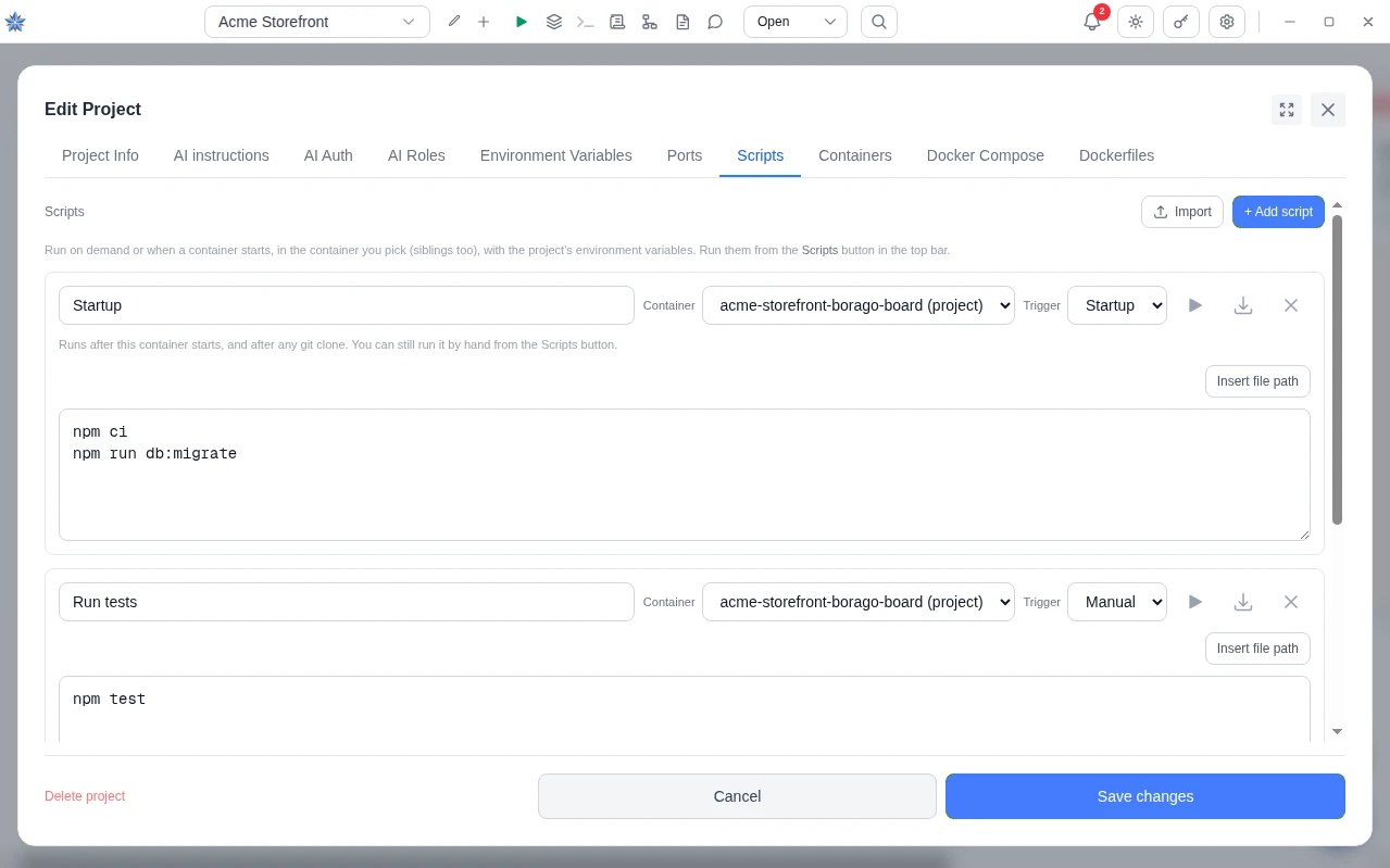 The Scripts tab of the project dialog with a Startup script and two Manual scripts, each with its container and trigger.