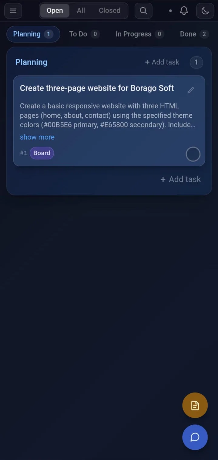 The board on a phone: the Planning column with one task card, under the column tabs Planning, To Do, In Progress and Done