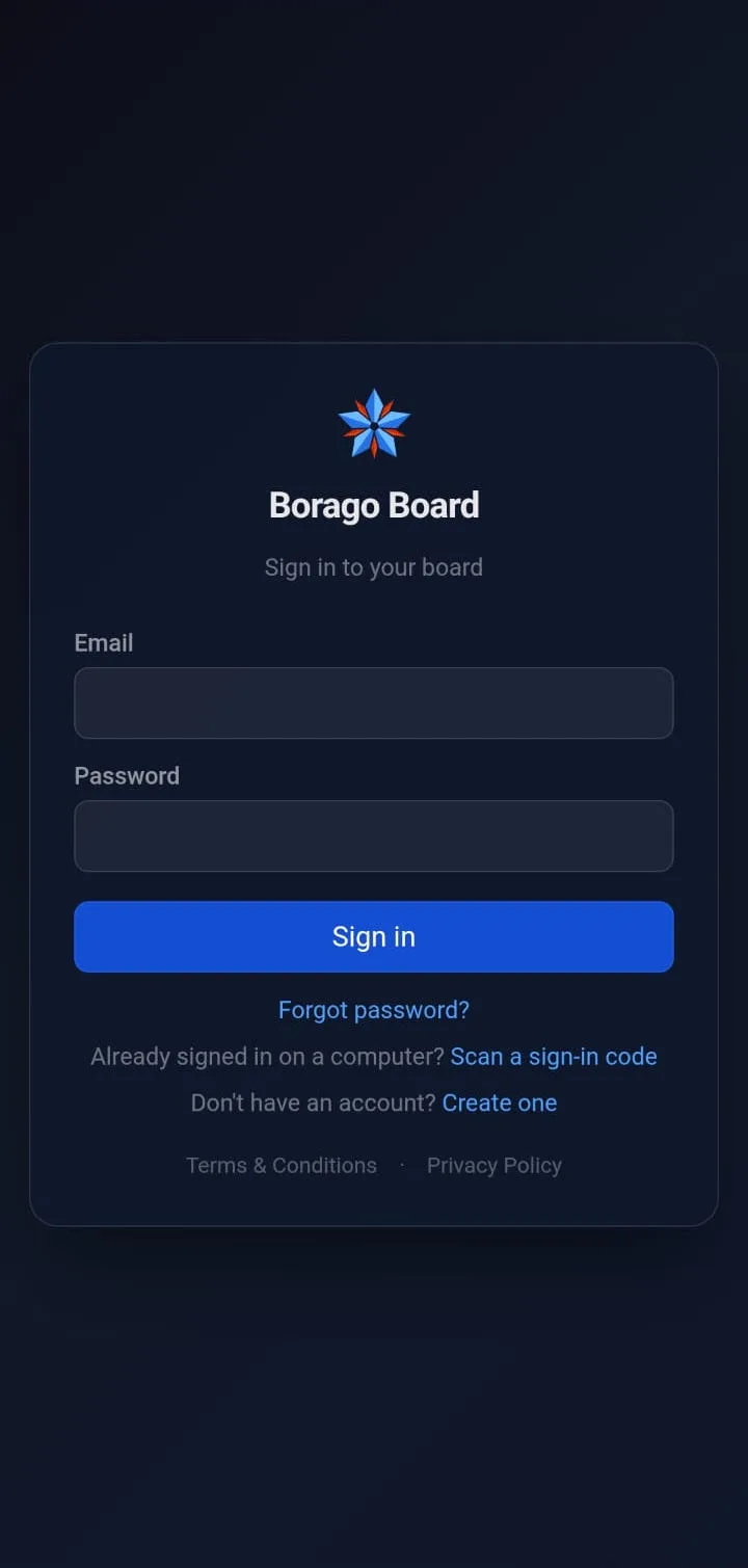 The phone's sign-in screen: email and password fields, a Sign in button, and the links Forgot password, Scan a sign-in code and Create one